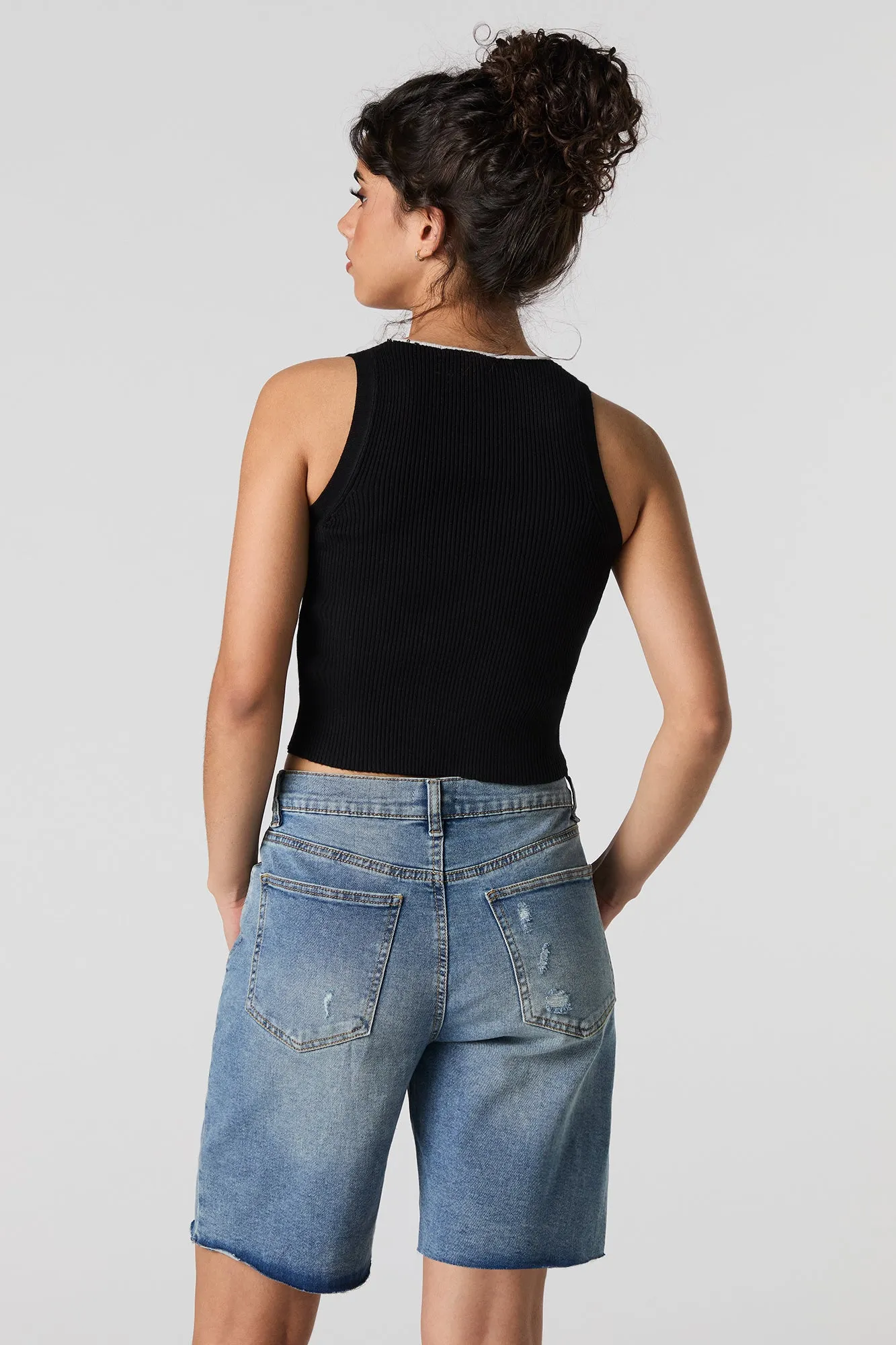 Bermuda en denim extensible à effet d'usure