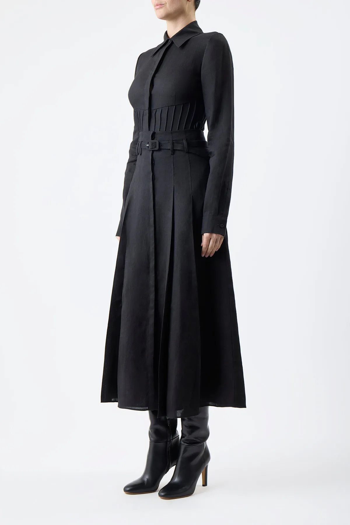 Dugald Pleated Midi Skirt in Black Aloe Linen