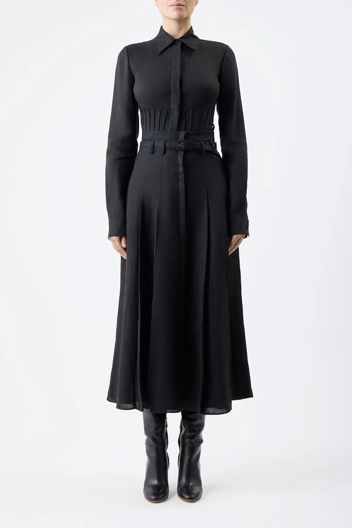 Dugald Pleated Midi Skirt in Black Aloe Linen