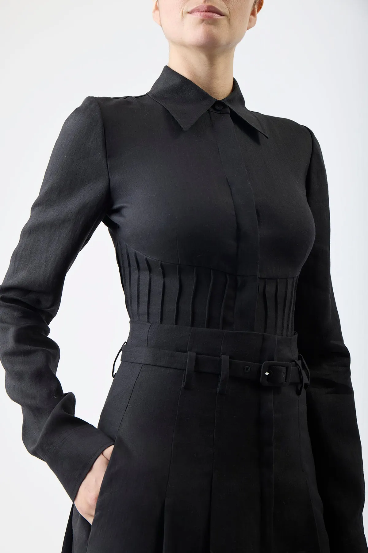 Dugald Pleated Midi Skirt in Black Aloe Linen