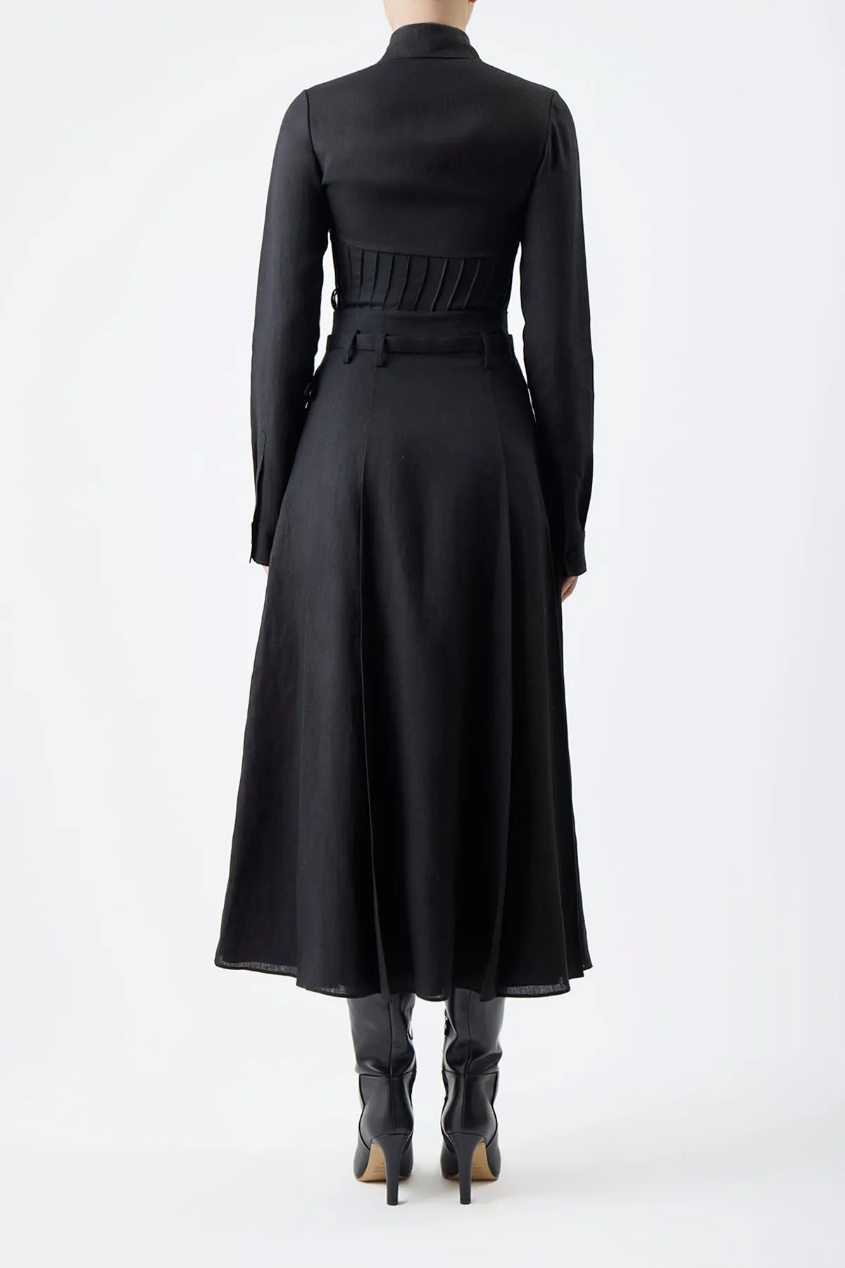 Dugald Pleated Midi Skirt in Black Aloe Linen