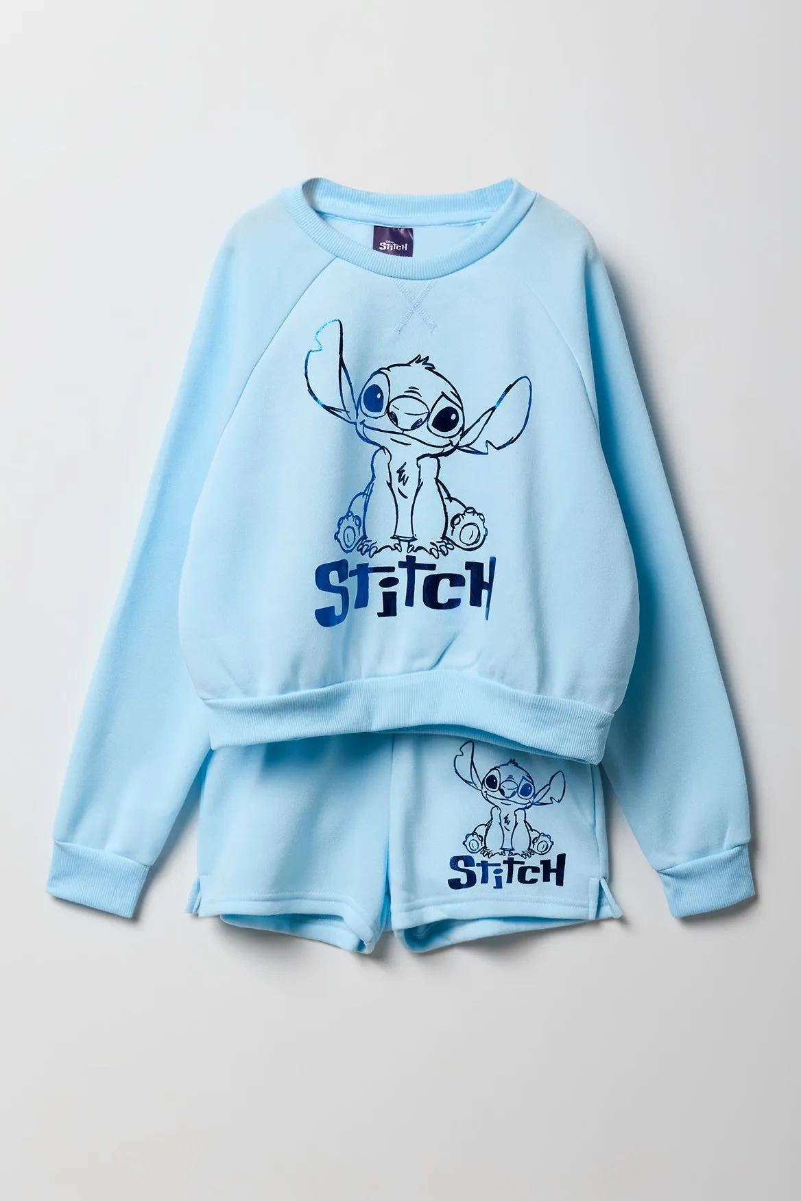 Ensemble deux pièces chandail en molleton et short à imprimé Stitch bleu pour filles