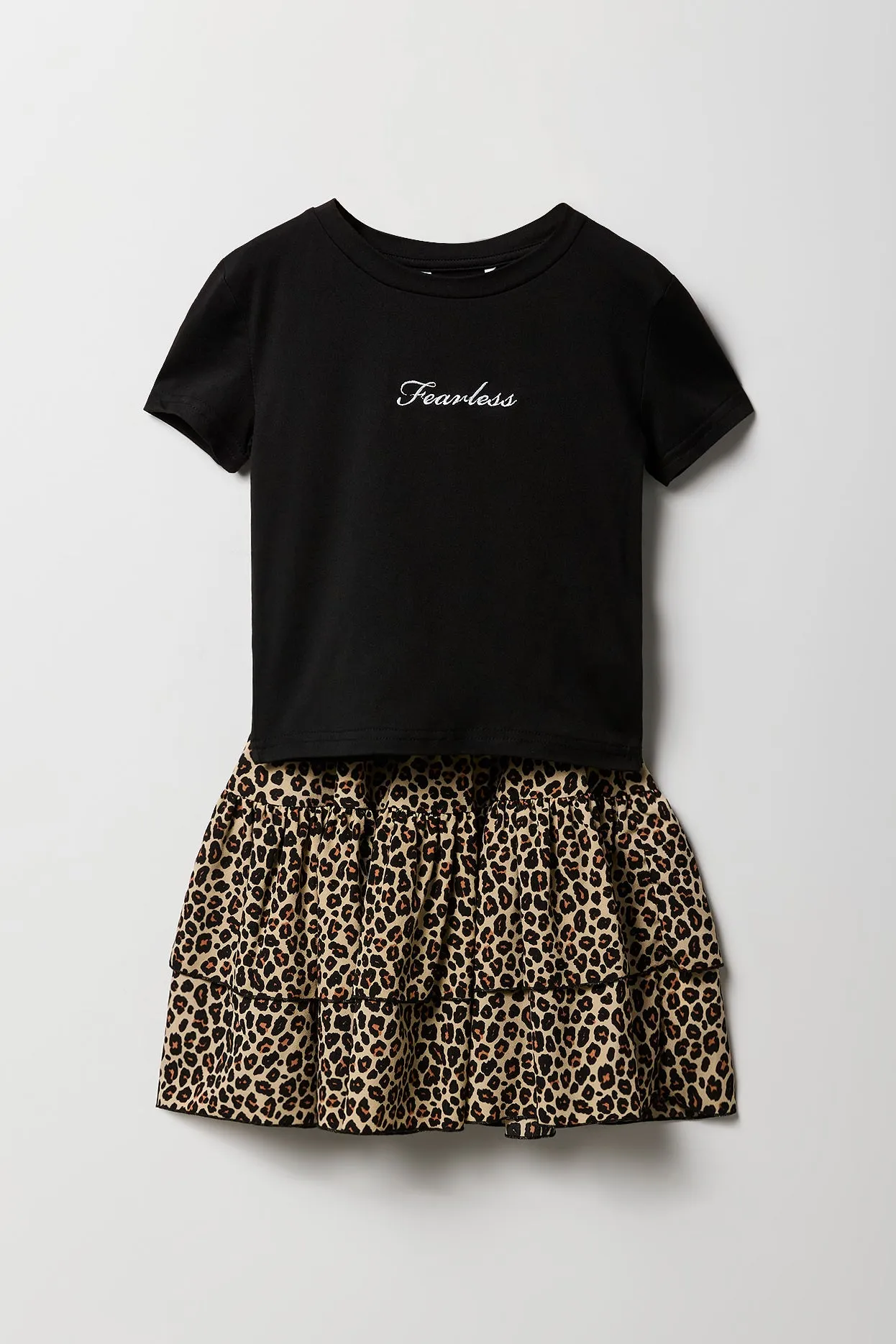 Ensemble deux pièces t-shirt brodé et jupe étagée pour filles