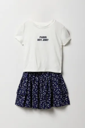 Ensemble deux pièces t-shirt brodé et jupe étagée pour filles