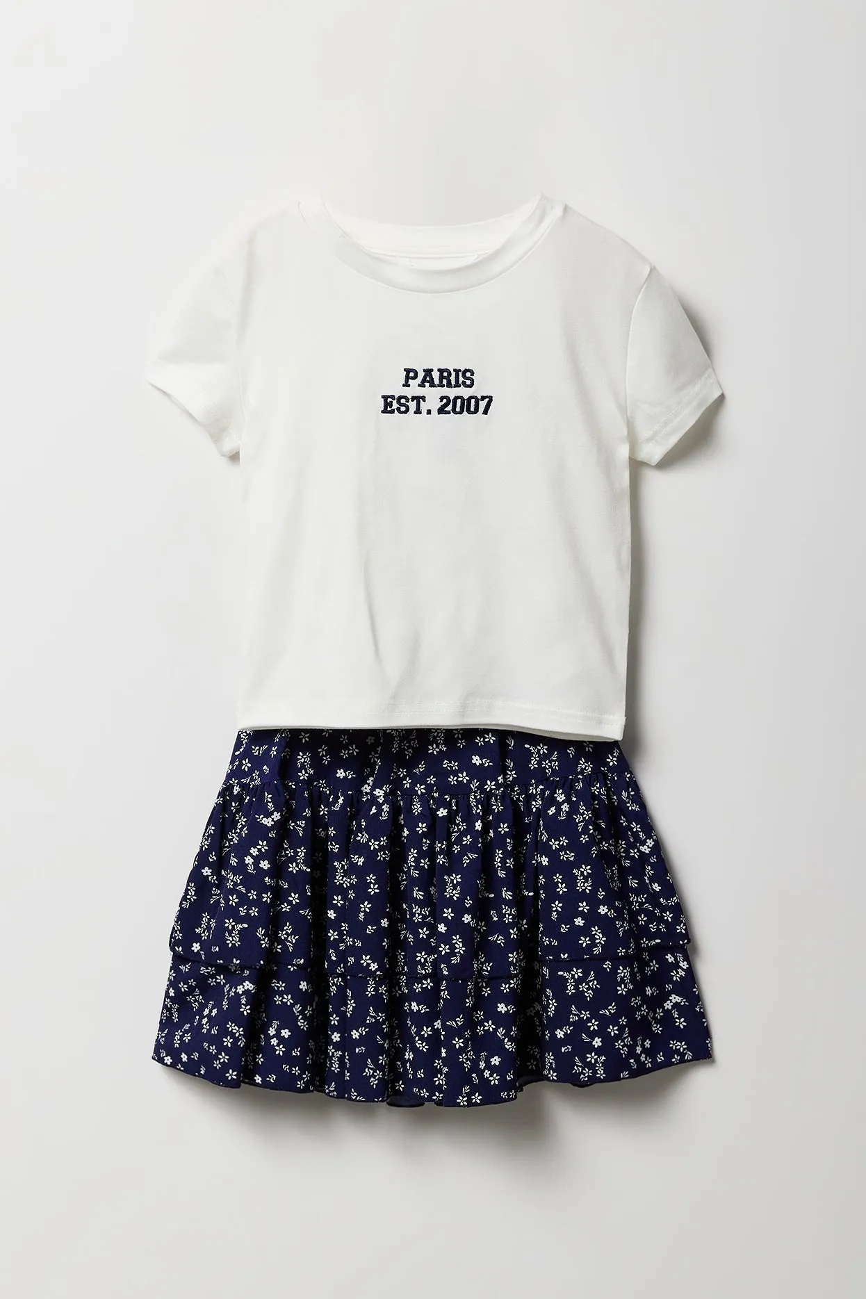 Ensemble deux pièces t-shirt brodé et jupe étagée pour filles