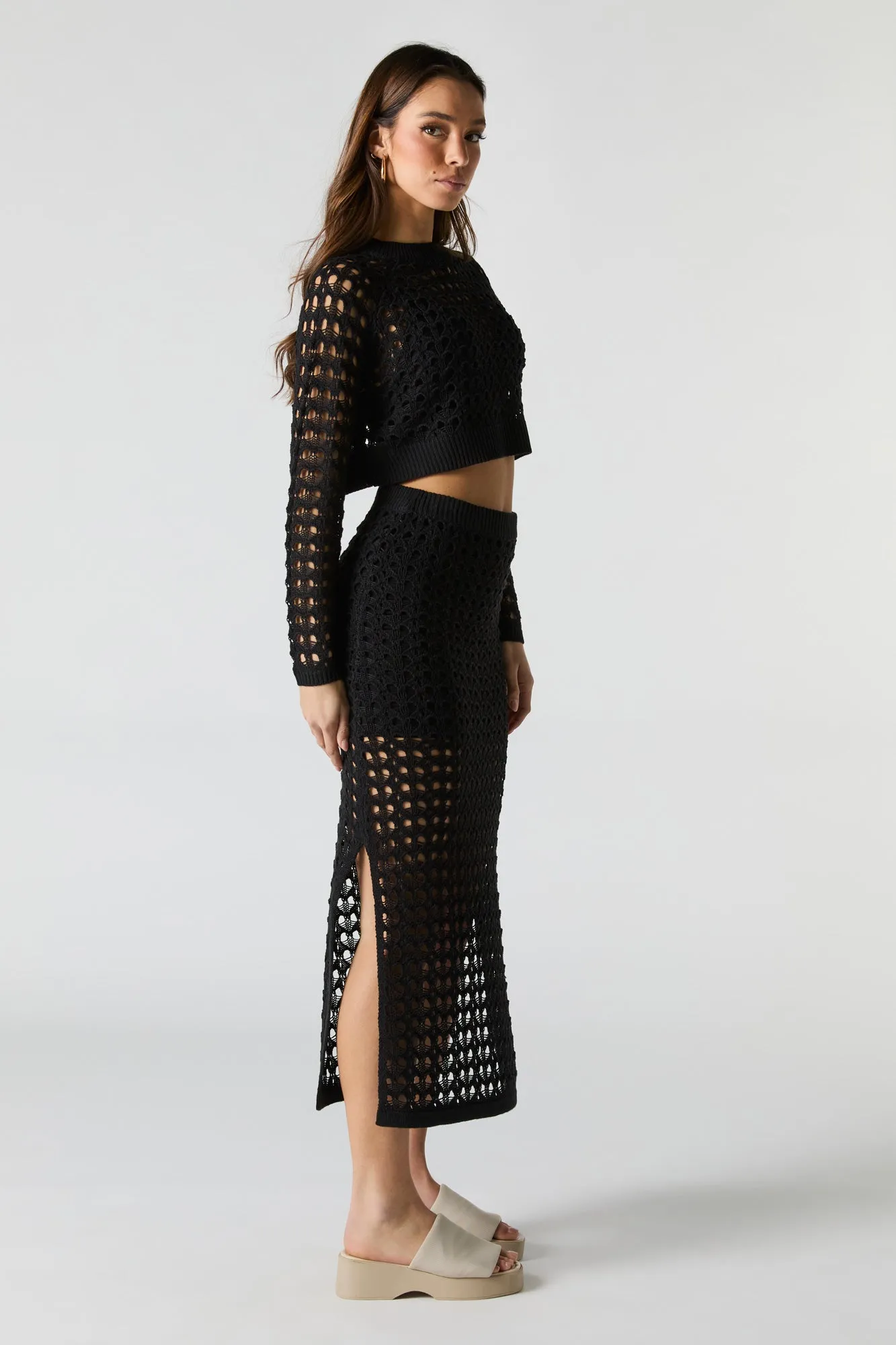 Jupe midi avec fente en tricot ouvert