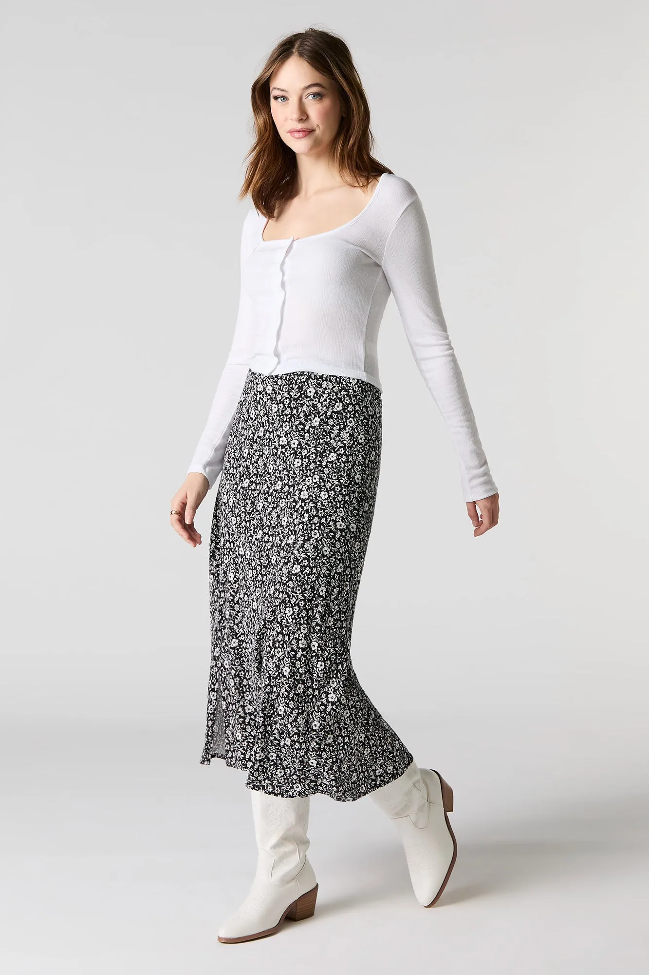 Jupe midi à fente et imprimé floral