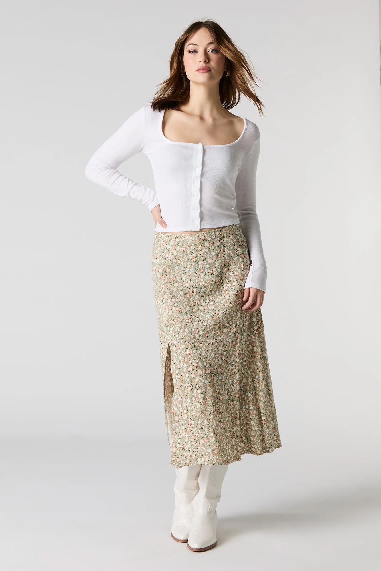 Jupe midi à fente et imprimé floral