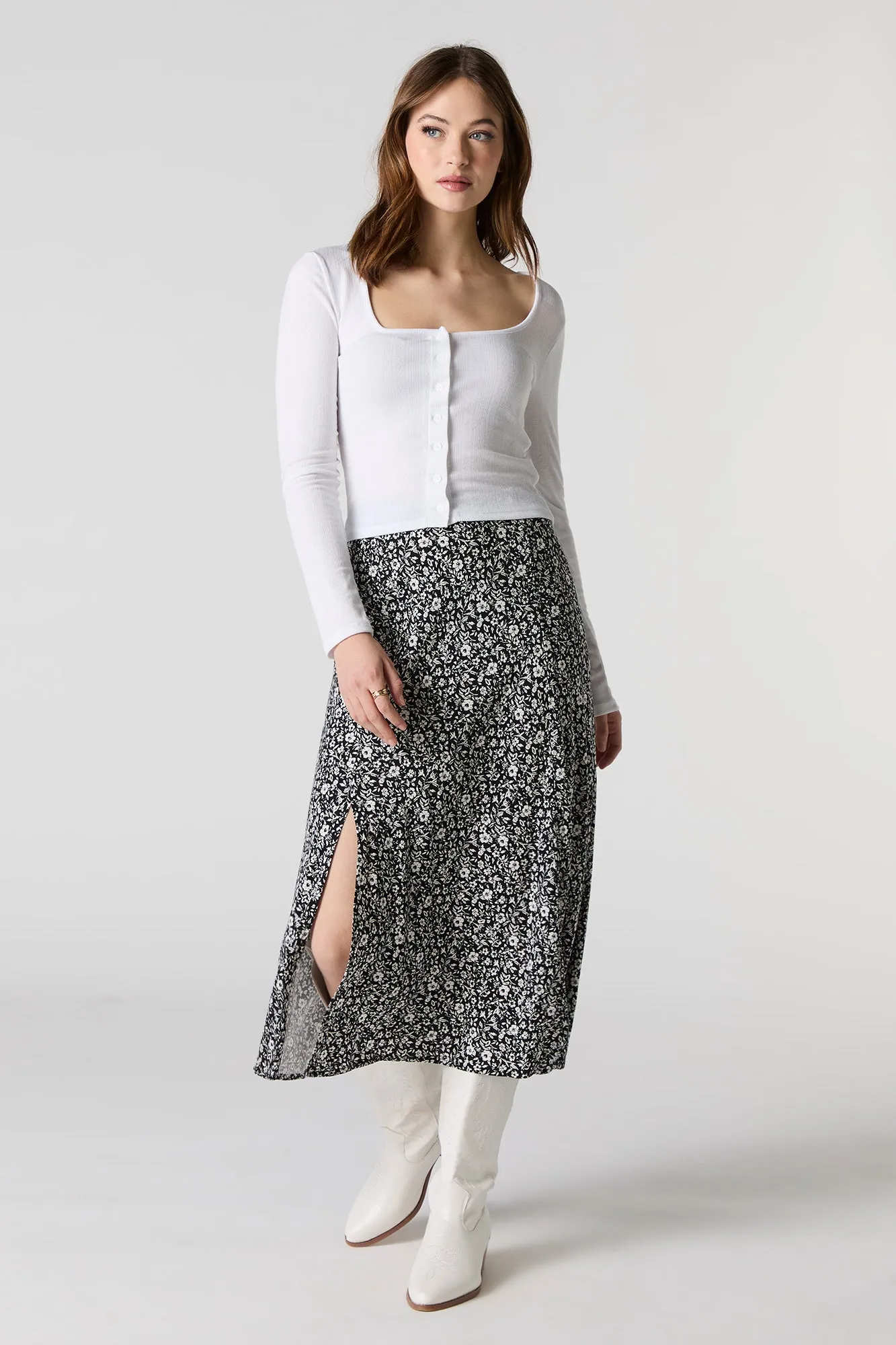Jupe midi à fente et imprimé floral