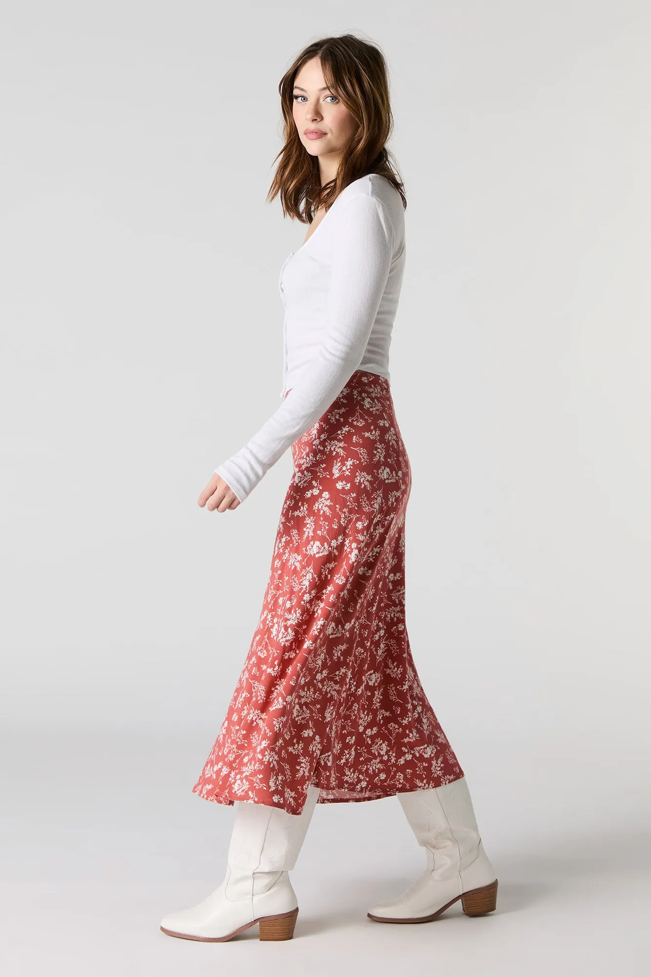 Jupe midi à fente et imprimé floral