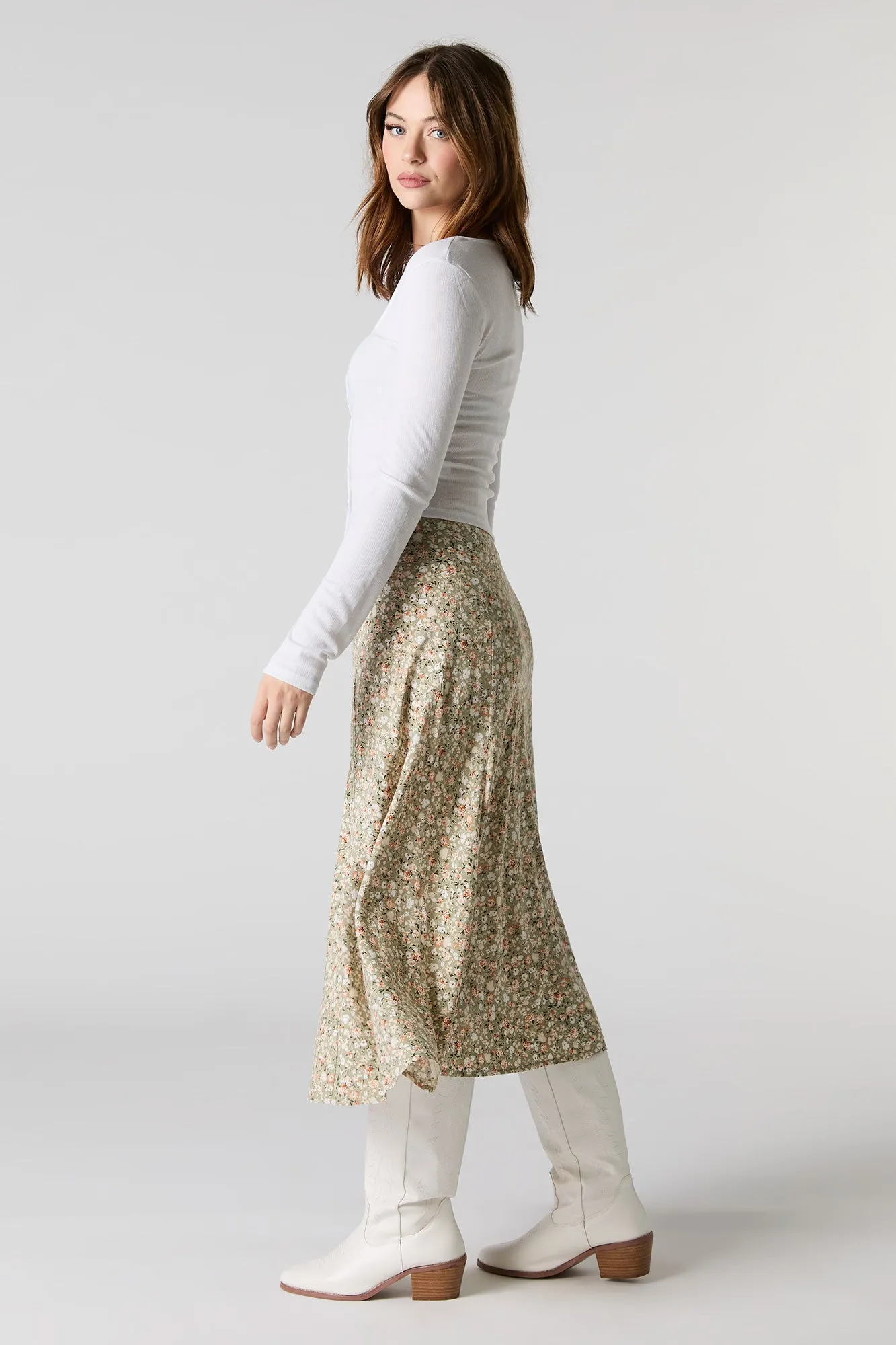 Jupe midi à fente et imprimé floral