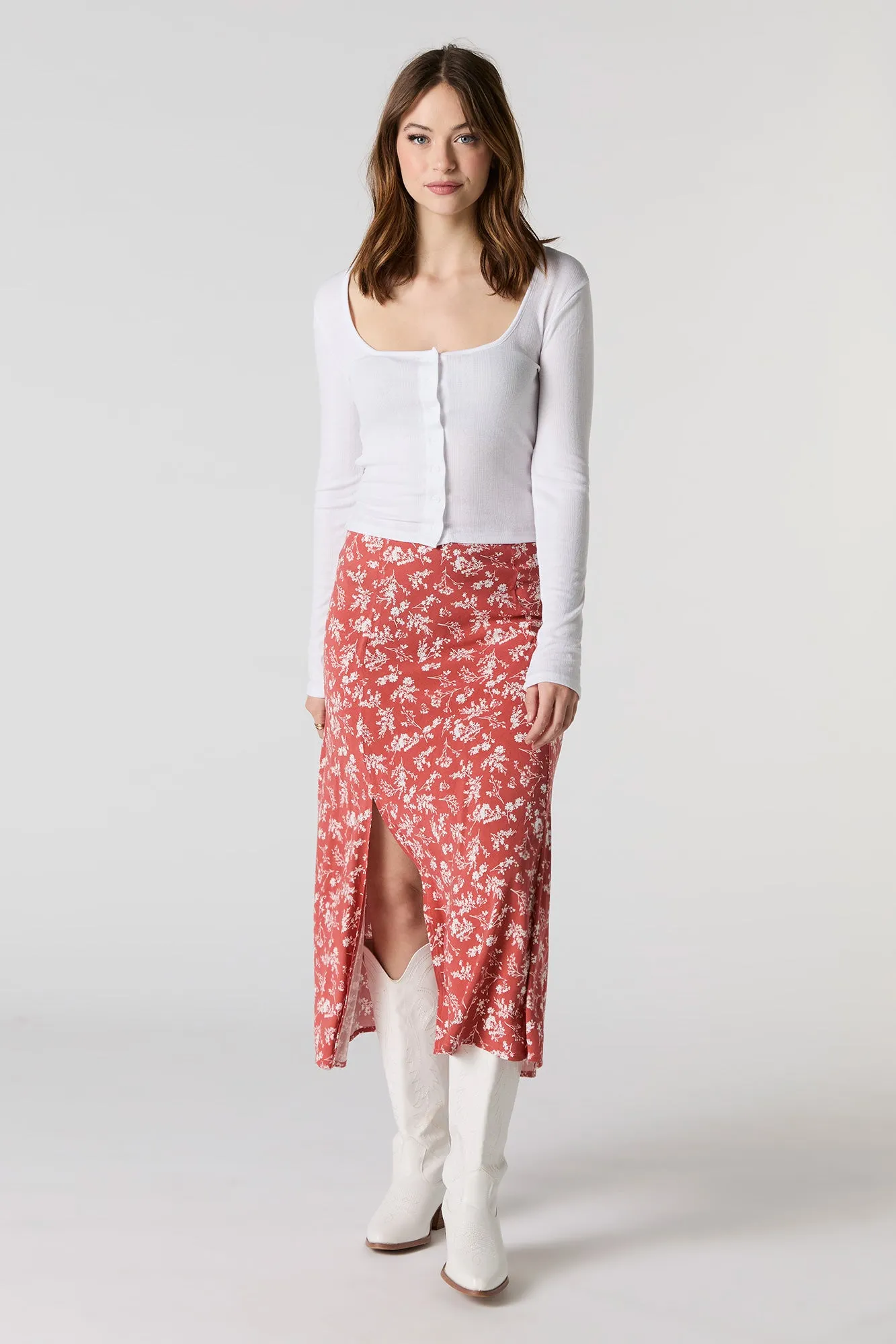 Jupe midi à fente et imprimé floral