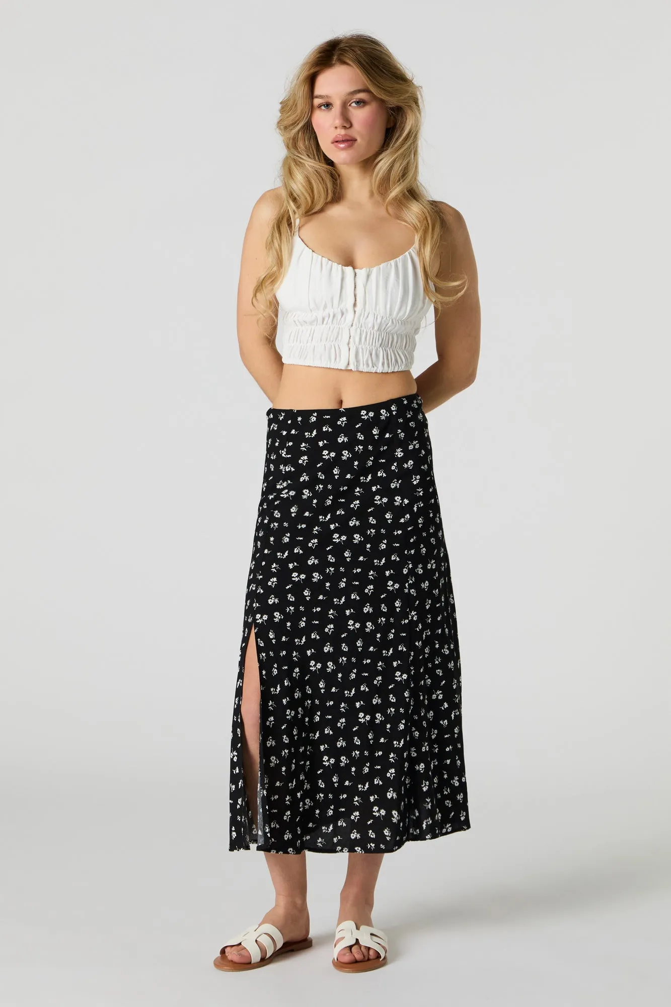 Jupe midi fleurie avec fente