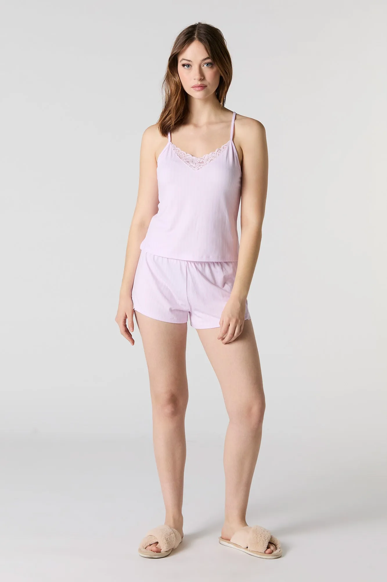 Lace Trim Tank & Short 2 Piece Pajama Set