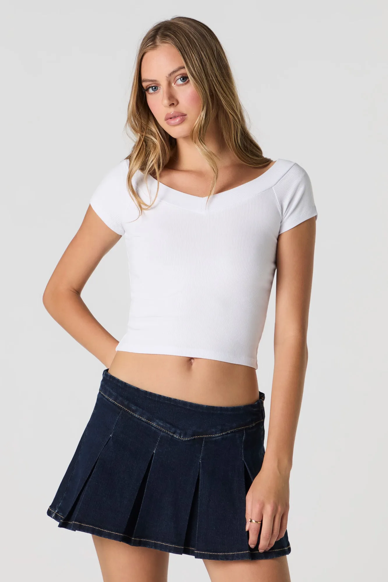 Pleated Denim Mini Skort