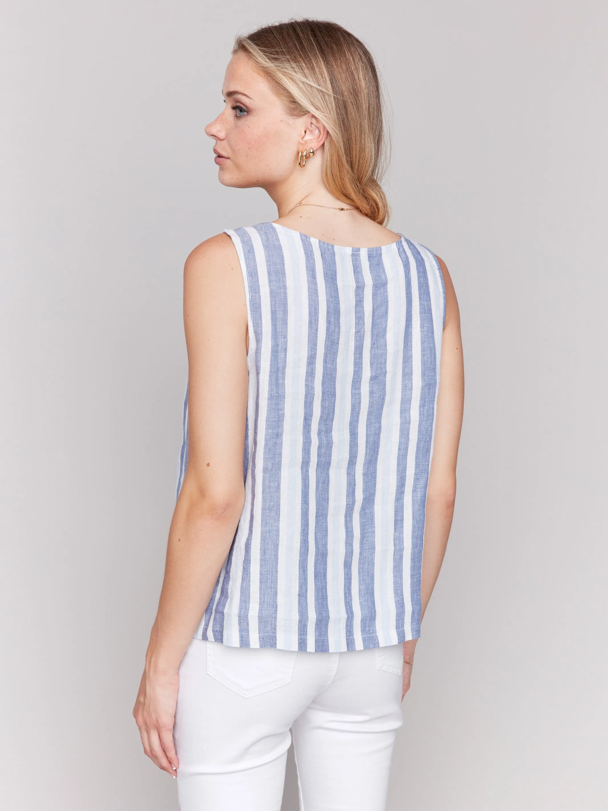 Printed Sleeveless Linen Blend Top with Slit - Stripes