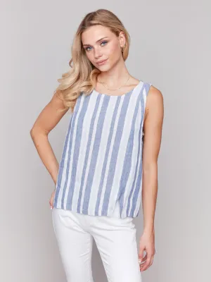 Printed Sleeveless Linen Blend Top with Slit - Stripes