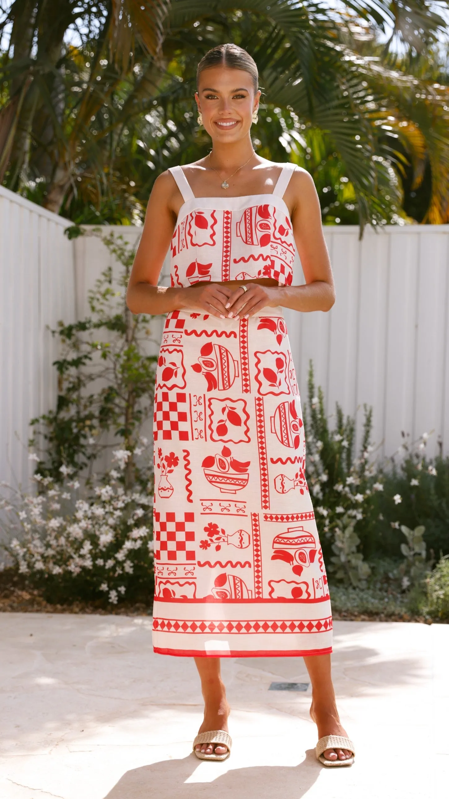 Sakiko Top and Midi Skirt Set - Red/Natural