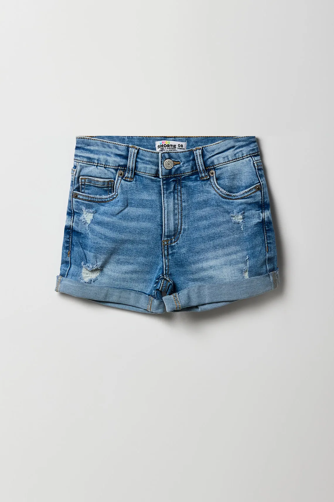 Short court mi-taille en denim d'aspect usé pour fille