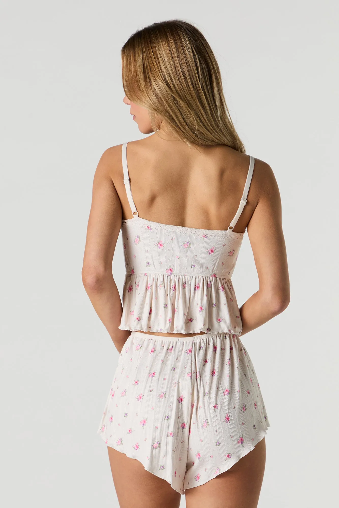 Short de pyjama en tricot de pointelle fleuri