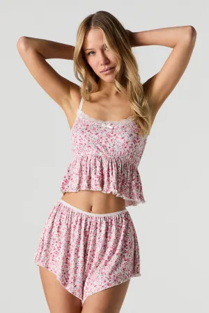 Short de pyjama en tricot de pointelle fleuri