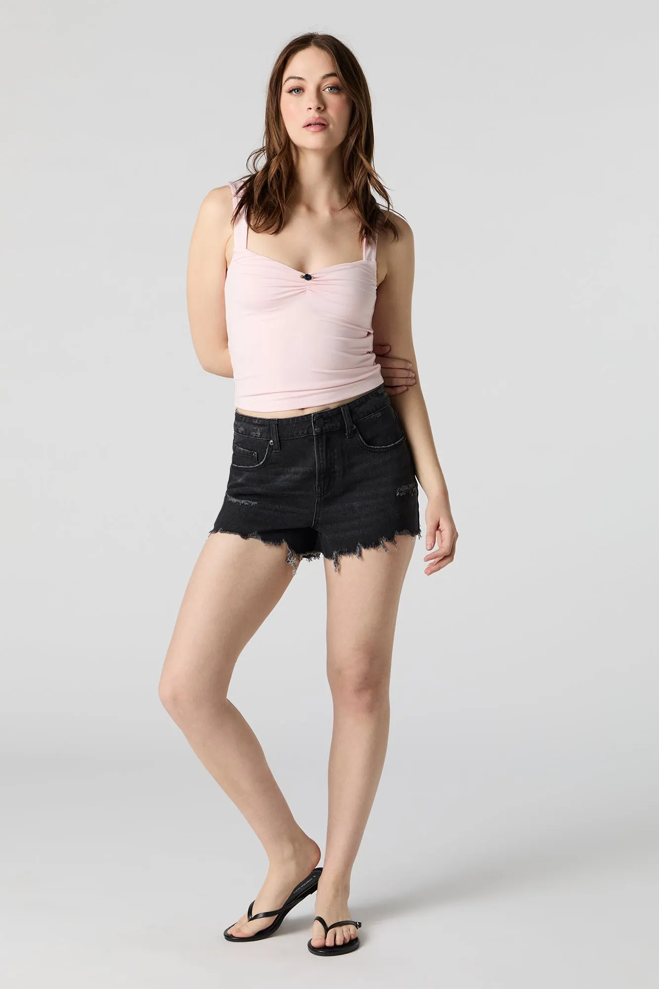 Short en denim d'aspect usé délavé noir vintage