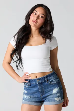 Short en denim extensible d'aspect usé délavé foncé