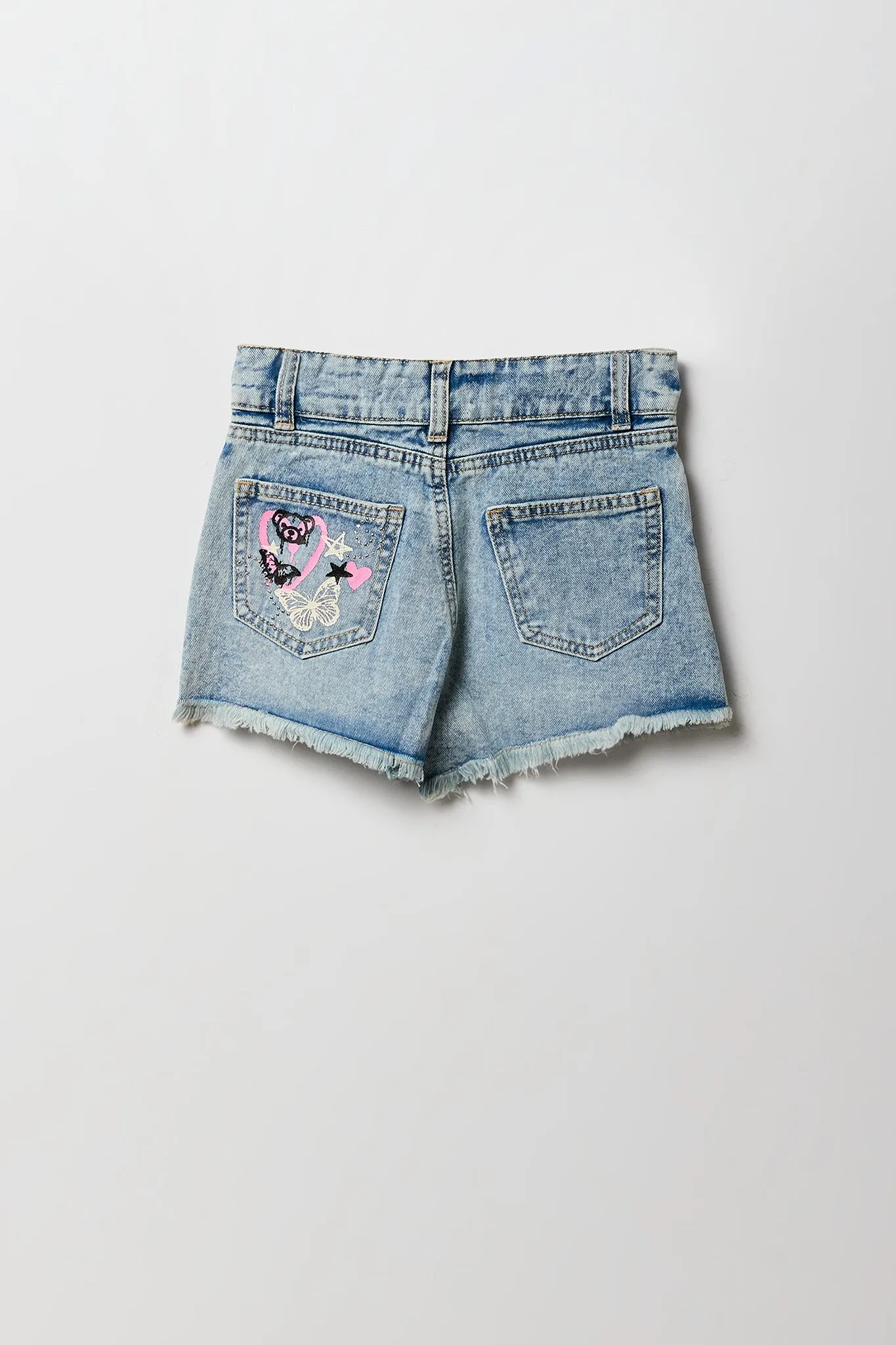 Short en denim à taille haute avec imprimé et pierres du Rhin pour fille