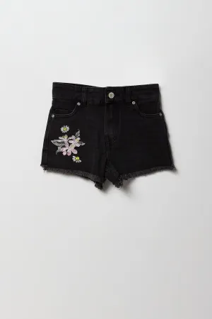 Short en denim à taille haute avec motif brodé fleuri pour fille