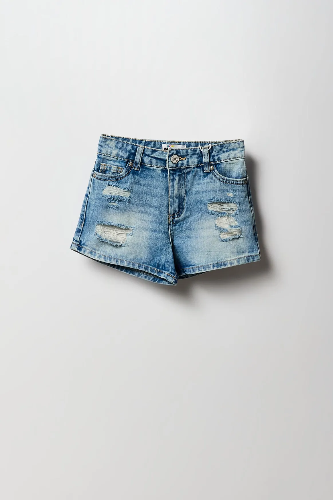 Short en denim à taille haute coupe Mom d'aspect usé pour filles