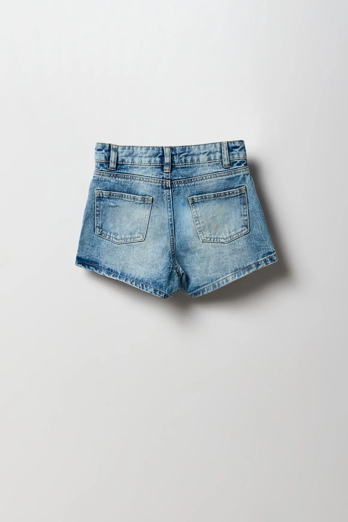 Short en denim à taille haute coupe Mom d'aspect usé pour filles