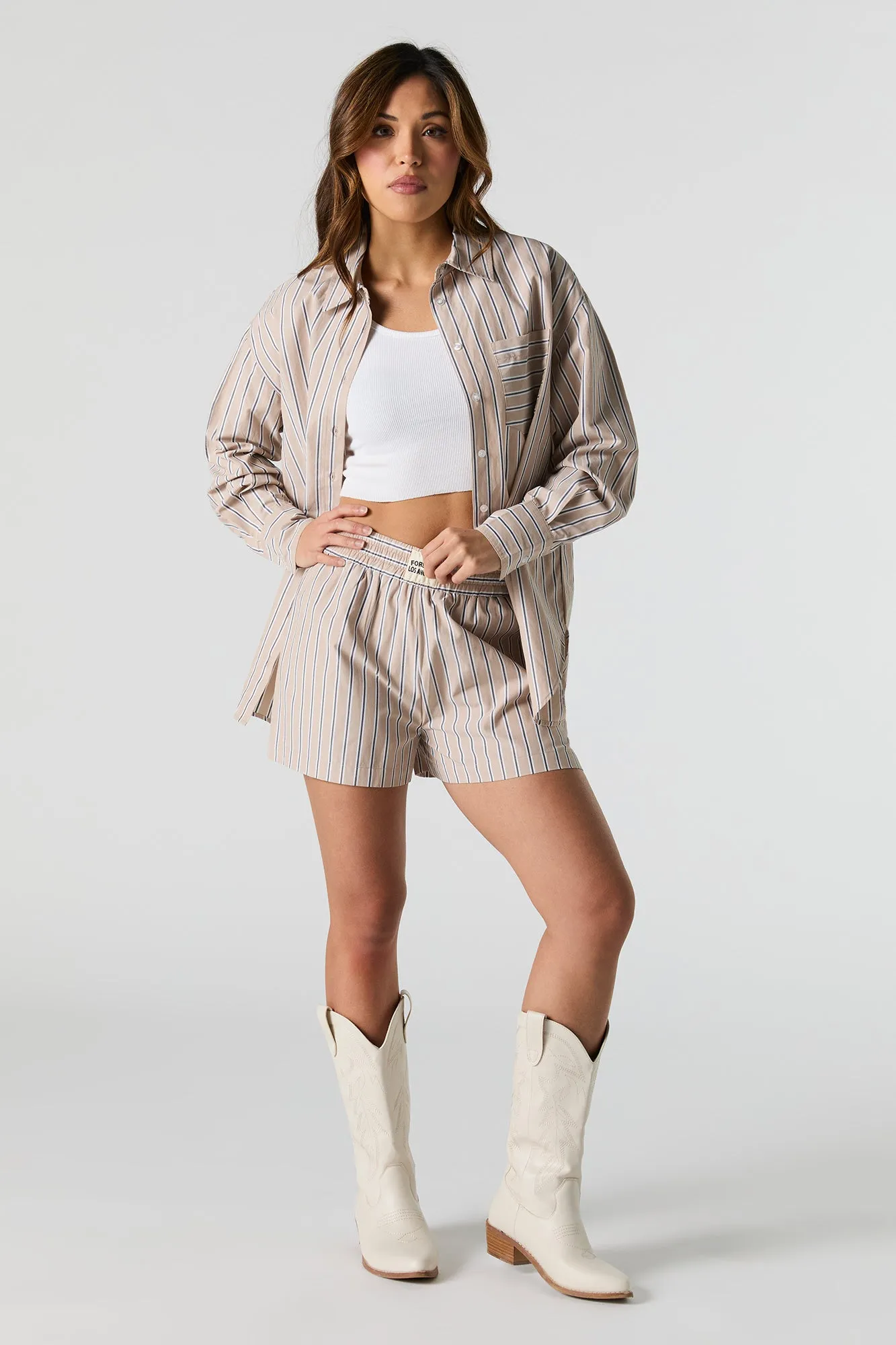 Short en rayé en popeline avec taille coulissante