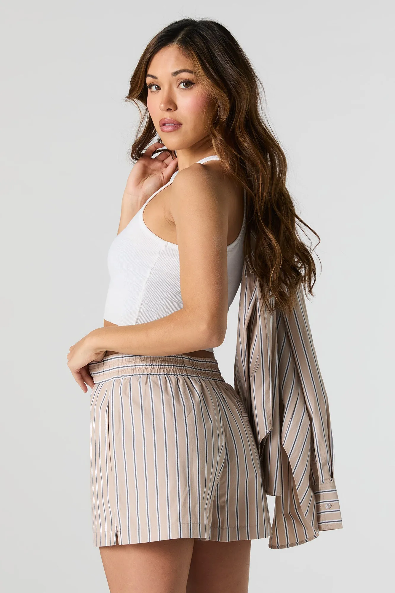 Short en rayé en popeline avec taille coulissante