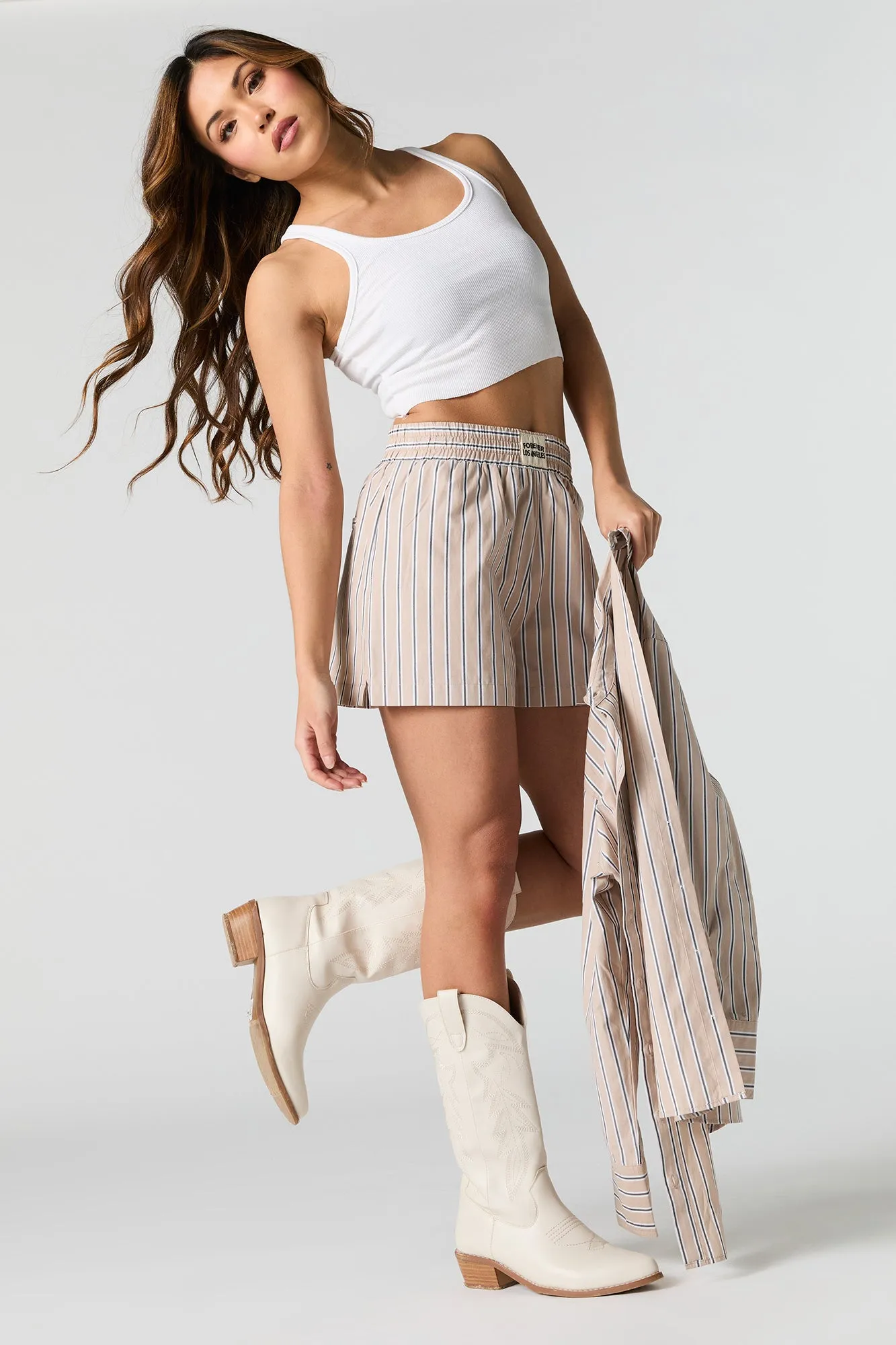 Short en rayé en popeline avec taille coulissante