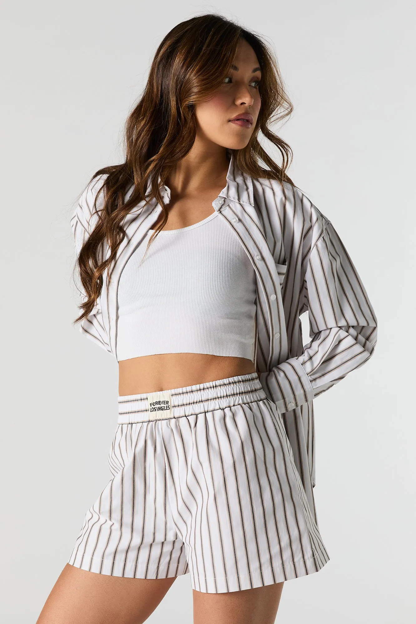 Short en rayé en popeline avec taille coulissante