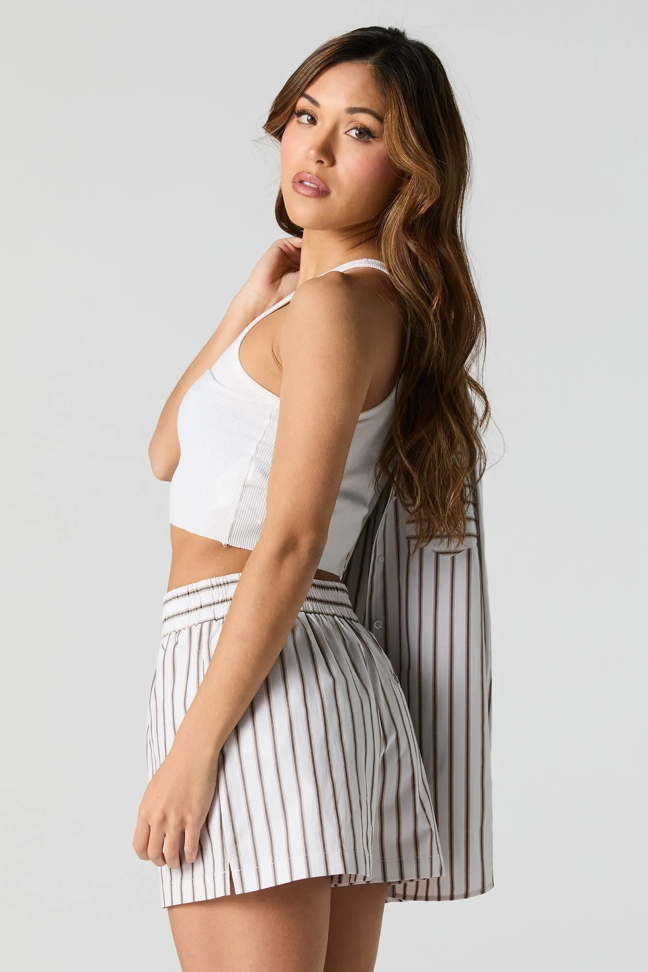 Short en rayé en popeline avec taille coulissante