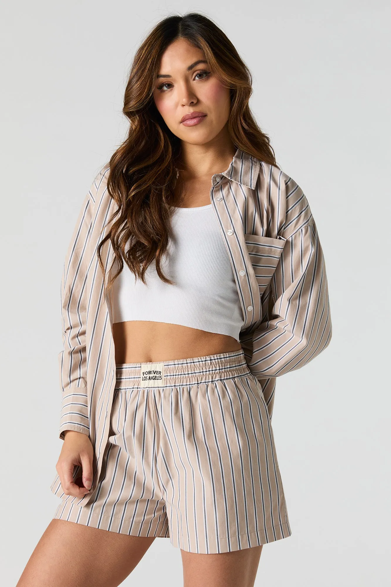 Short en rayé en popeline avec taille coulissante