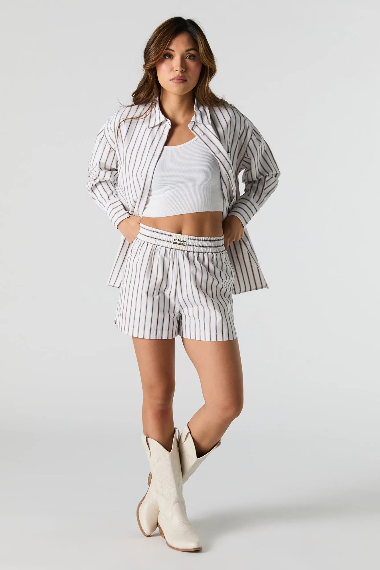Short en rayé en popeline avec taille coulissante