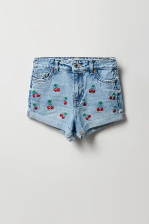Short « mom » à taille haute avec motif brodé Cerise