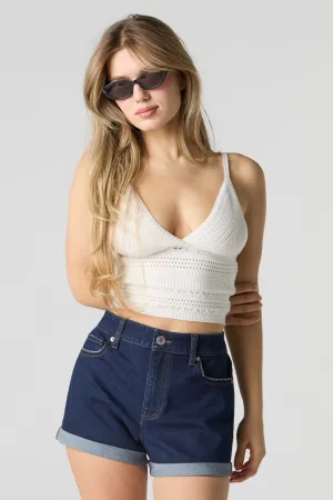 Short taille haute à revers roulé délavé rinsé