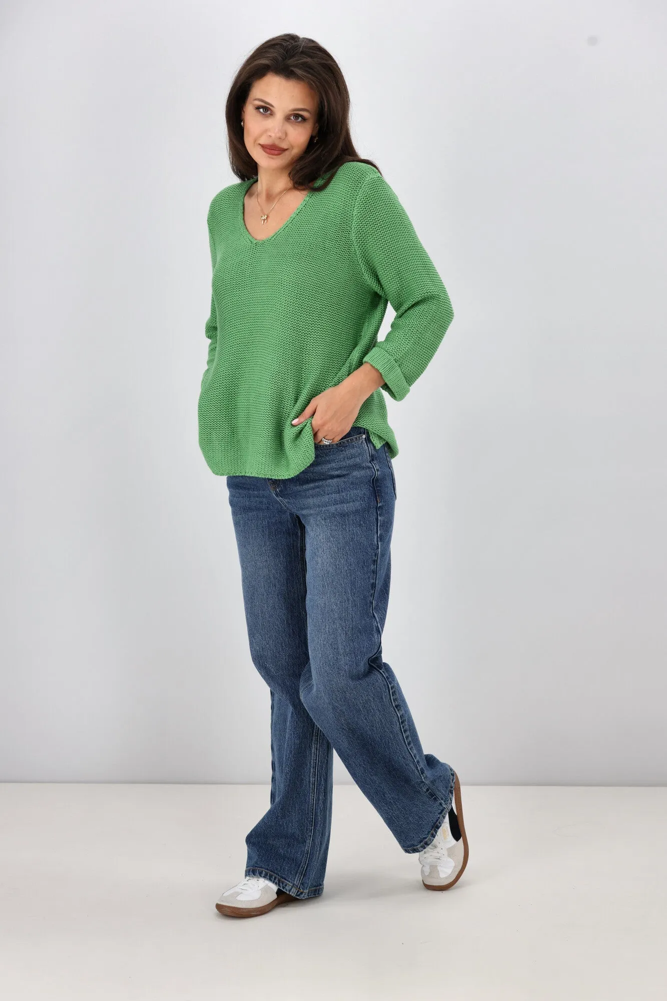 Silver Wishes Roll Up Sleeve Knit Top Green
