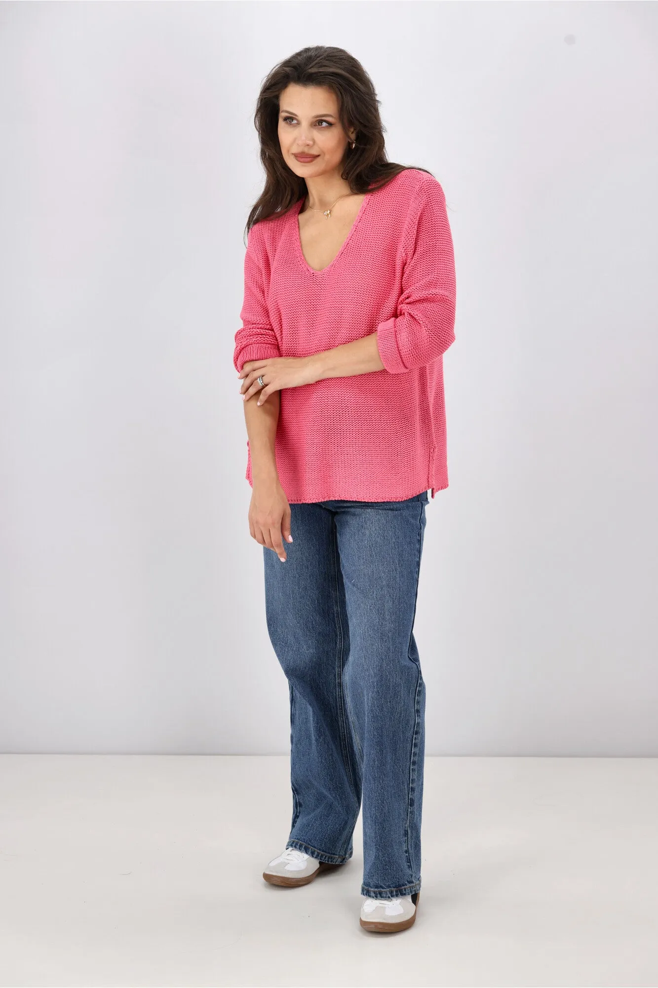 Silver Wishes Roll Up Sleeve Knit Top Raspberry Pink
