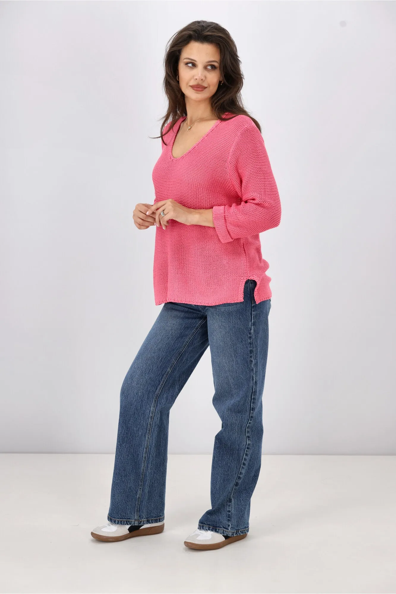 Silver Wishes Roll Up Sleeve Knit Top Raspberry Pink