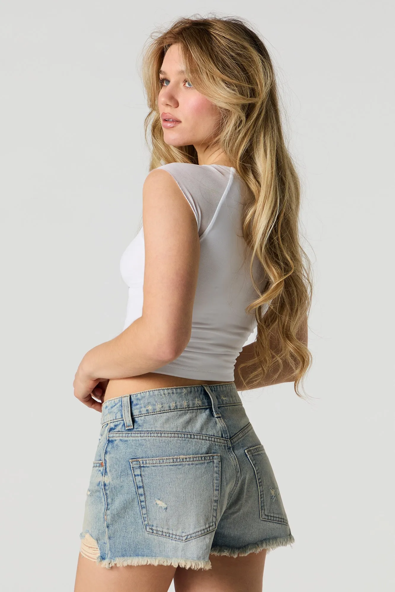 Vintage Medium Wash Distressed Denim Short