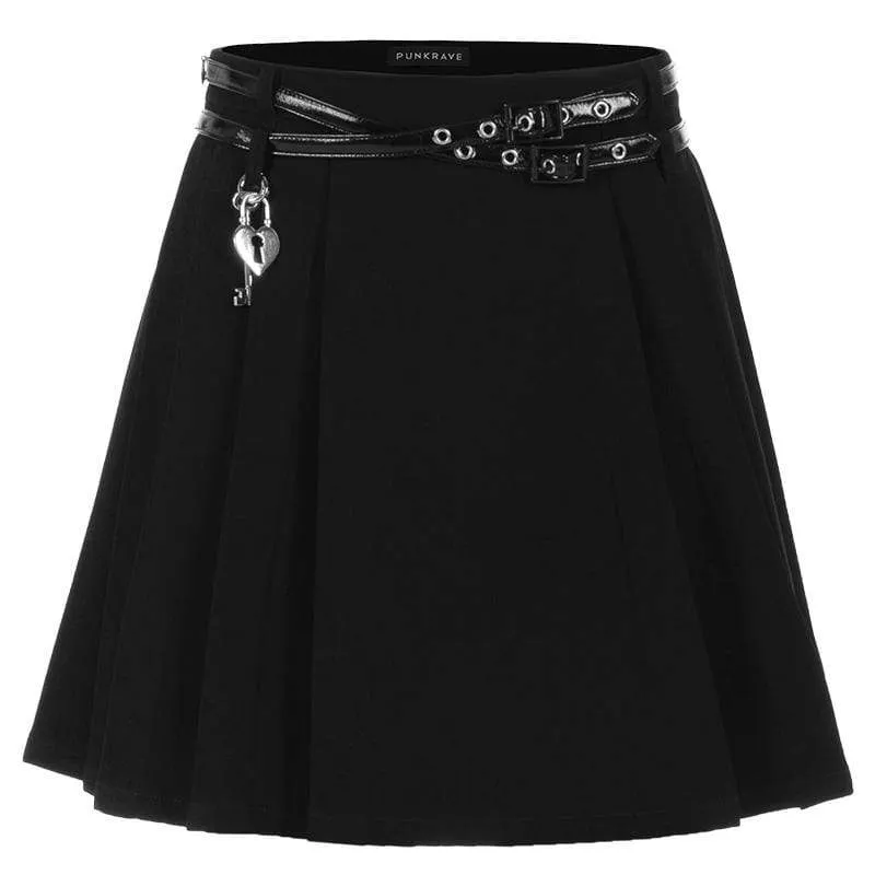 Women's Gothic Key&Lock Plaid Pleated Skirts With PU Belt