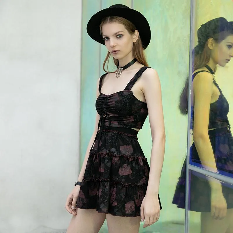 Women's Gothic Rose&Skull Printed Ruffled Skirts