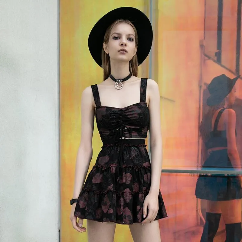 Women's Gothic Rose&Skull Printed Ruffled Skirts