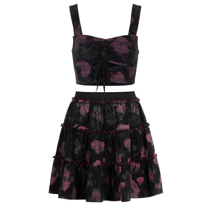 Women's Gothic Rose&Skull Printed Ruffled Skirts